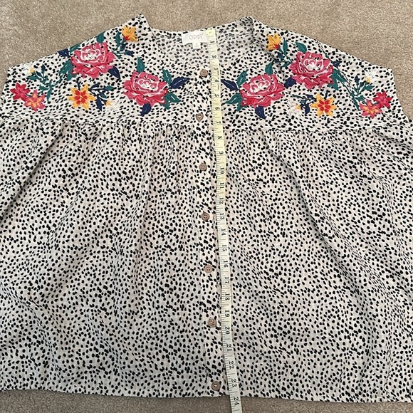 Oddy Women’s Black Spotted Button Down Oversized Blouse Floral Embroidery Medium - Picture 7 of 8